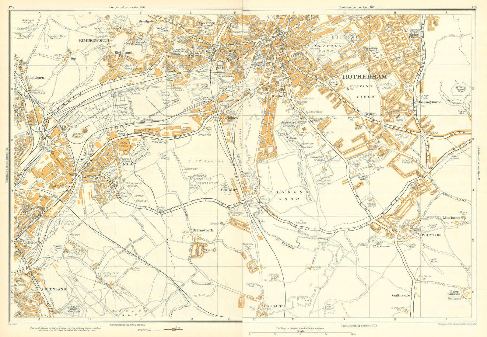 ROTHERHAM SOUTH vintage town city plan. Sheffield. GEOGRAPHIA 1935 old map